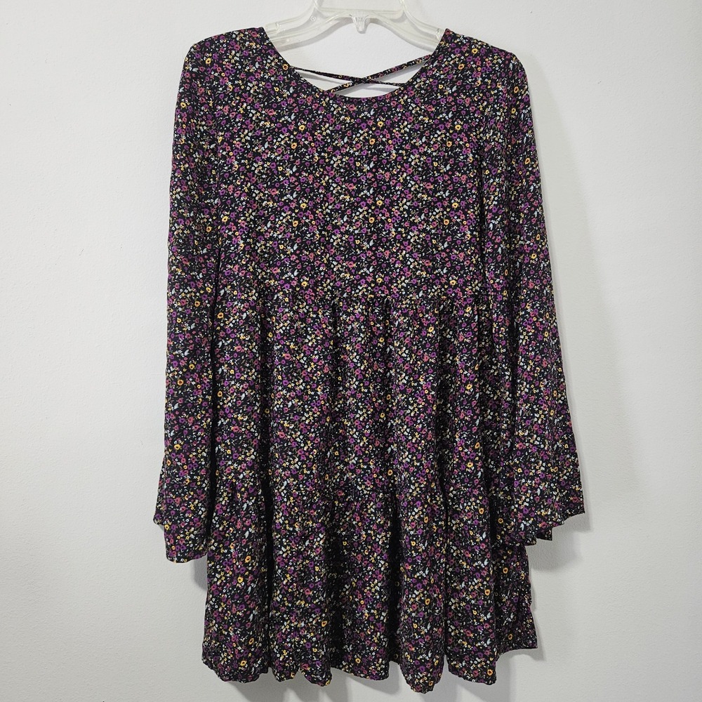 Arizona Jean Co‎ Floral Babydoll Dress XS Long Sleeve Strappy Back Boho Tiered